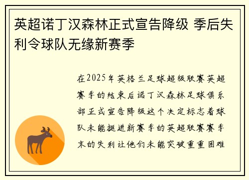 英超诺丁汉森林正式宣告降级 季后失利令球队无缘新赛季